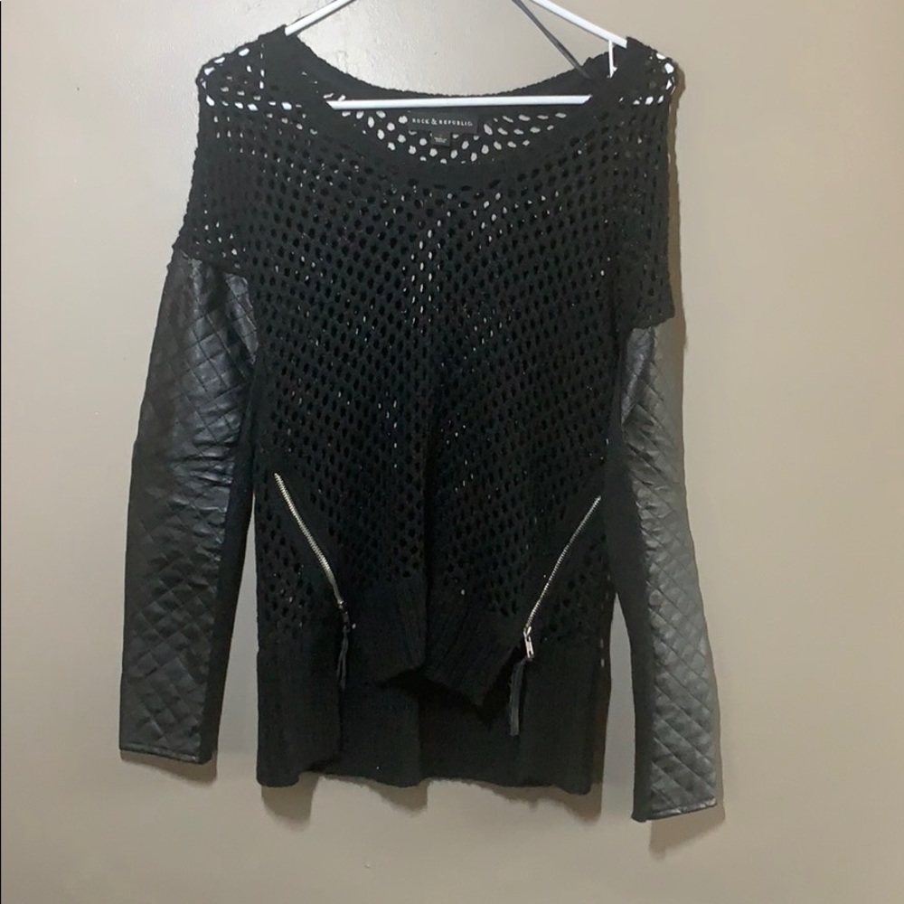 Black cable knit sweater with faux leather sleeves